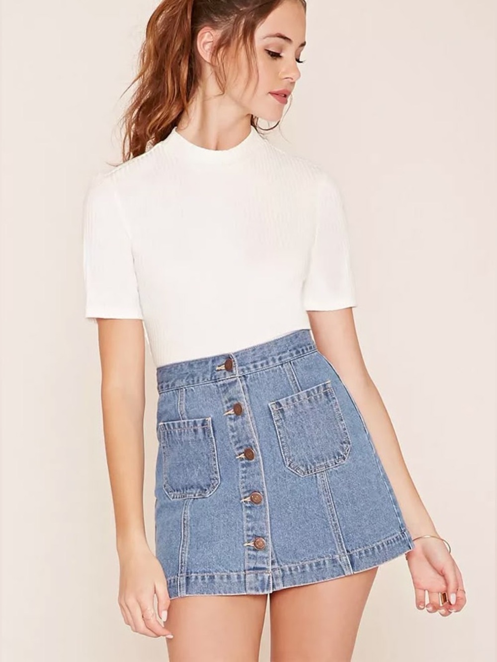 90s Denim Button-Front A-Line Mini Skirt with‎ Patch Pockets Forever 21 W27 EUC